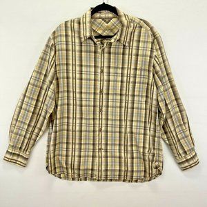 Tommy Bahama Hawaiian Button Down Dress Shirt Size Large Brown Yellow Plaid